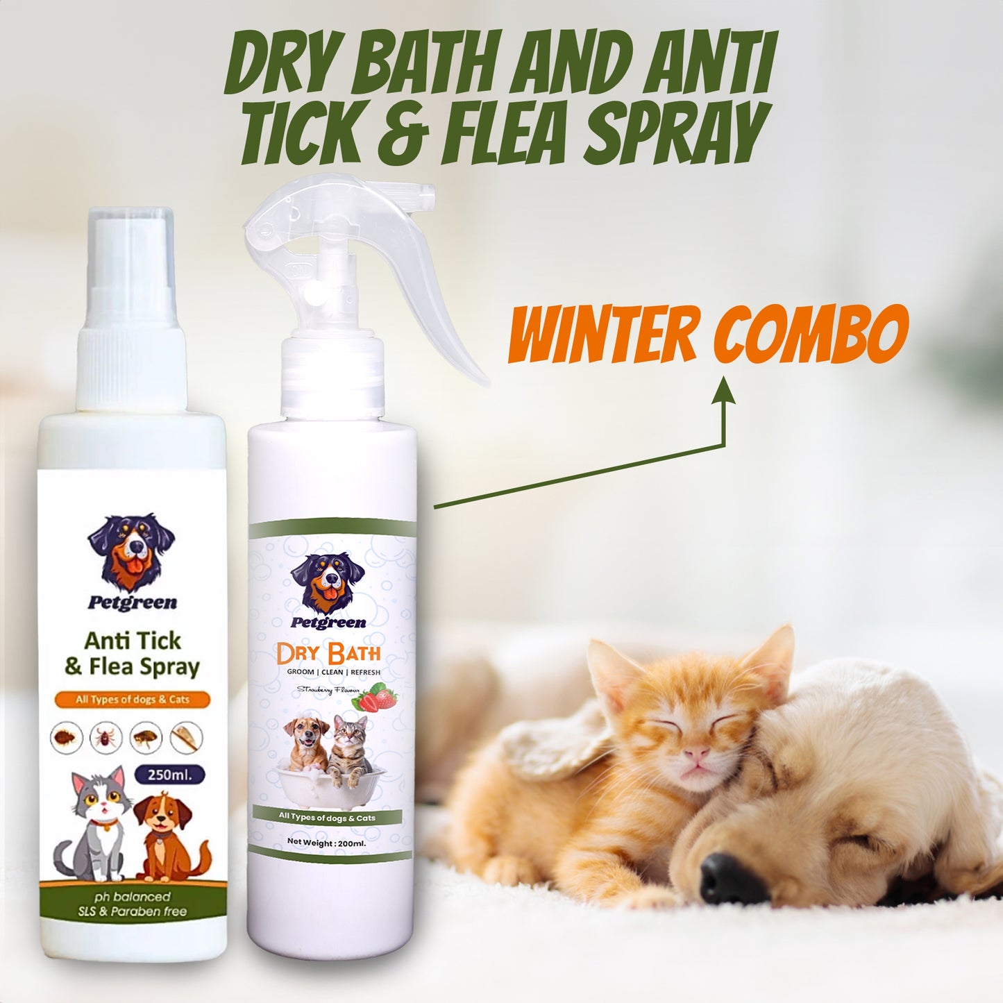 Petgreenn Dry Bath and Anti tick and flea Spray (Dog and Cats ) COMBOO