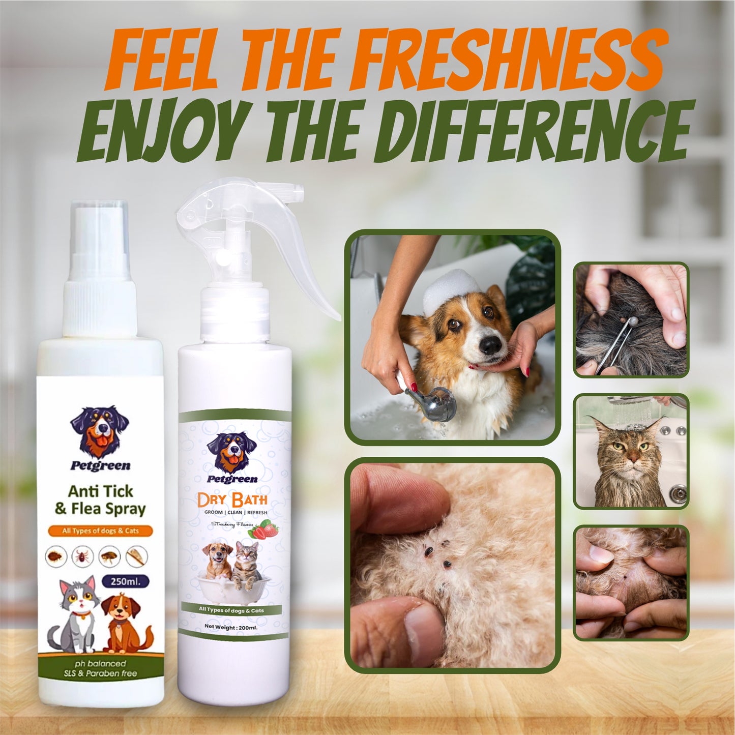 Petgreenn Dry Bath and Anti tick and flea Spray (Dog and Cats ) COMBOO