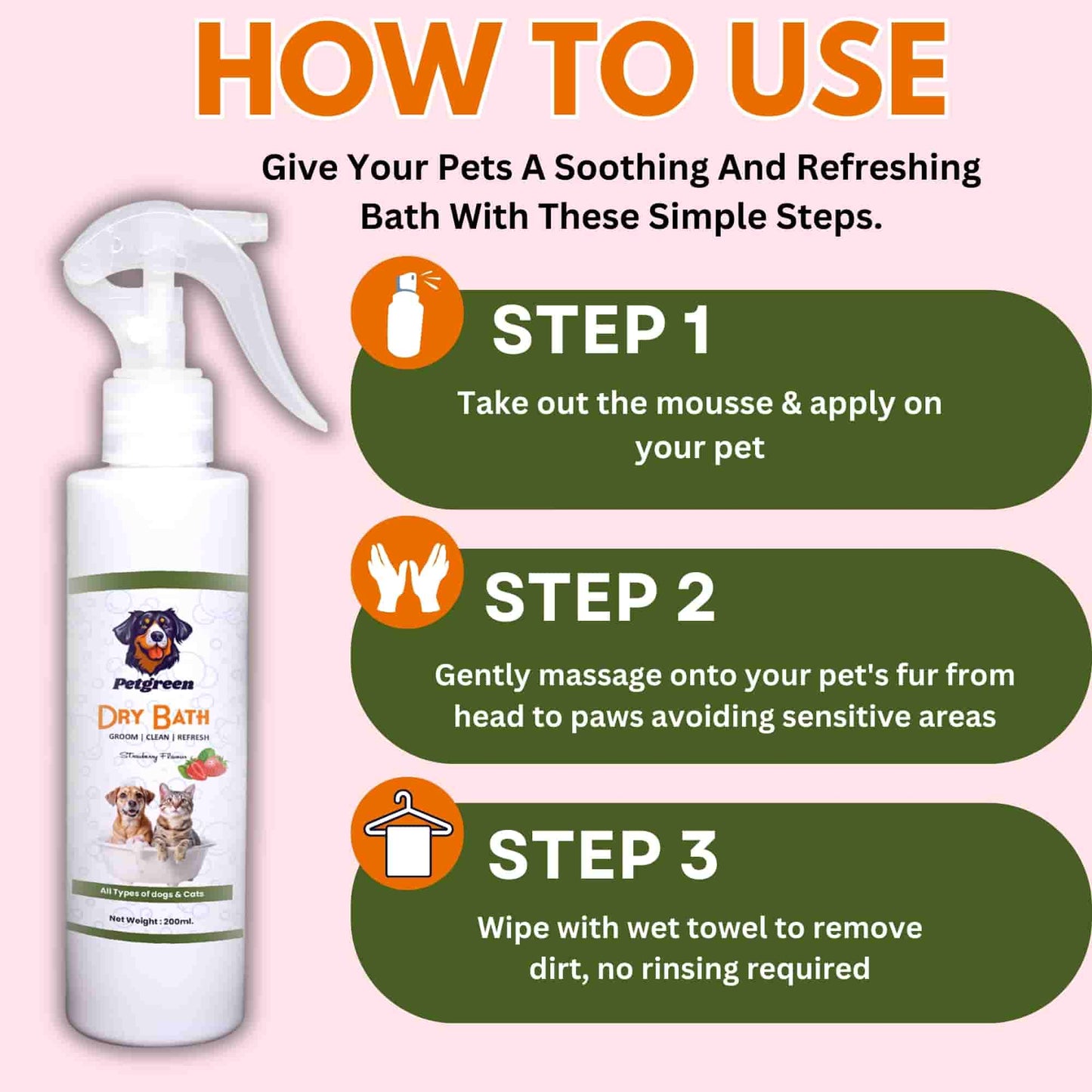 Petgreen Waterless Dry Bath Shampoo for ( Dog and cat )