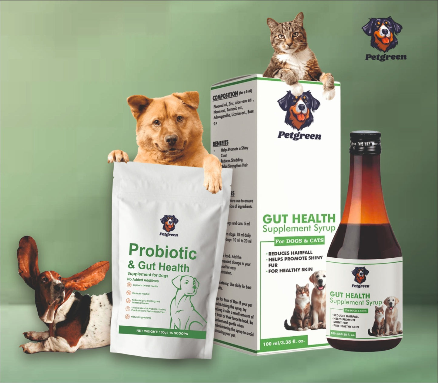Petgreen Gut Health Combo – Probiotic Powder + Supplement Syrup