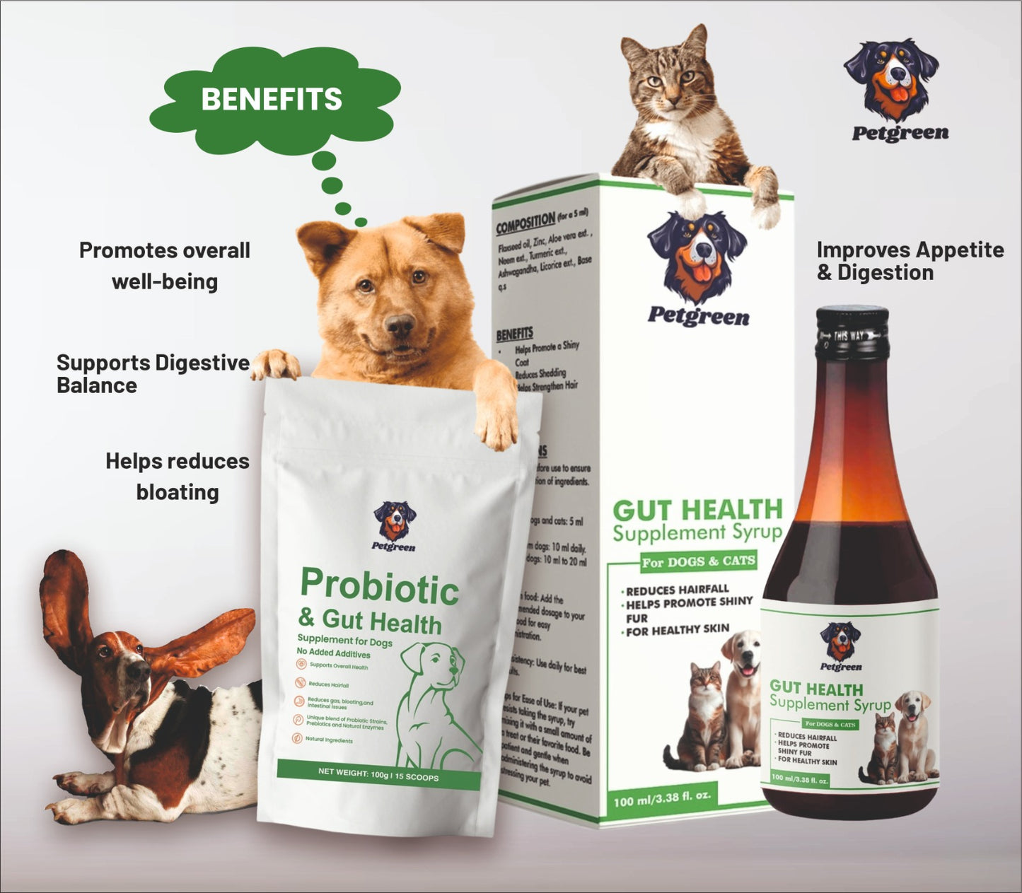 Petgreen Gut Health Combo – Probiotic Powder + Supplement Syrup